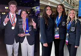  collage of two pictures of DECA students posing with awards